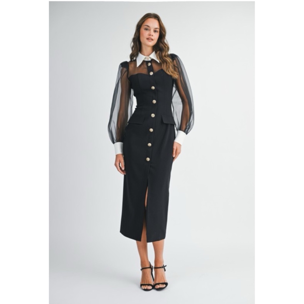 MABLE Sheer-Sleeve Black Midi Dress with White Collar